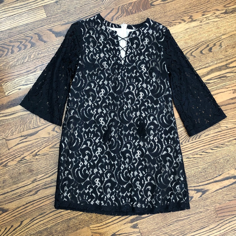 Black Lace Dress with Nude Underlay